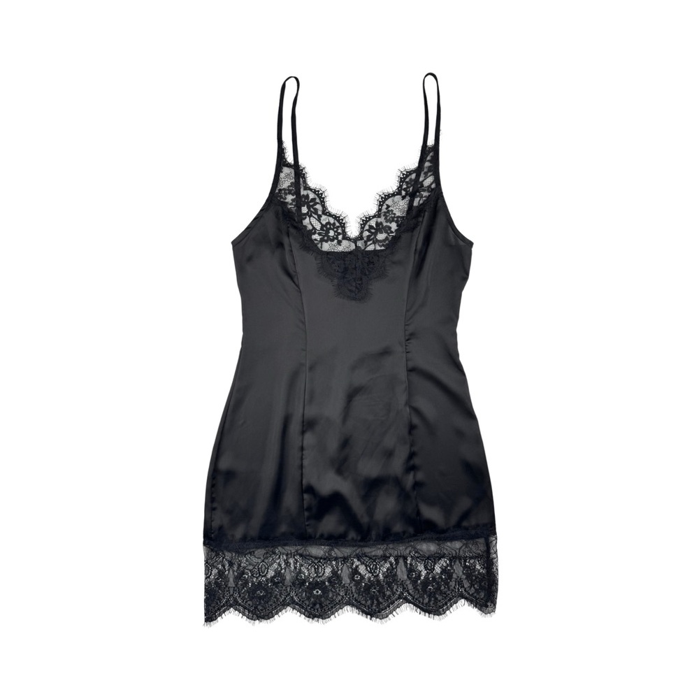 MY STYLE MODE Black Lace Trim Satin Mini Dress